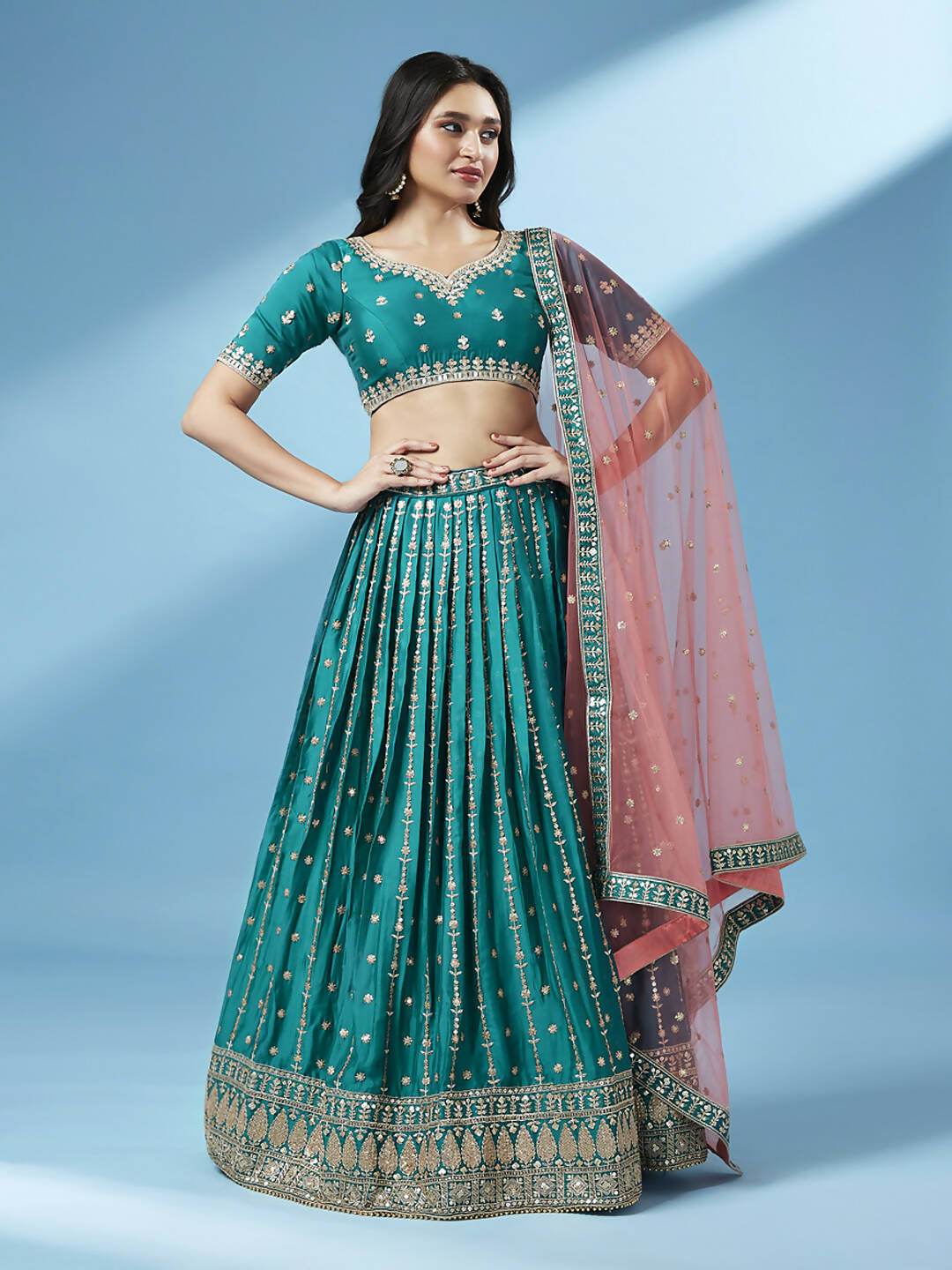 House of Panchhi Green Pure Georgette Sequins Embroidered Lehenga - Distacart
