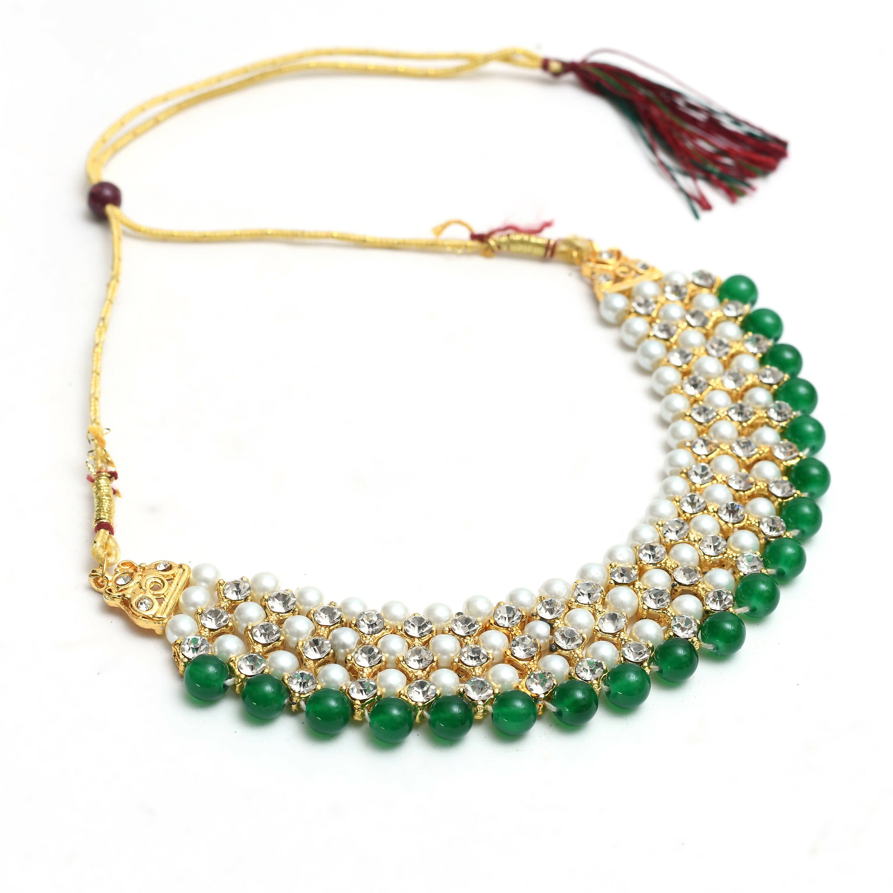 Mominos Fashion Johar Kamal Gold-Plated Rani Haar with Cream Green and Off white Pearls Jewellery Set - Distacart
