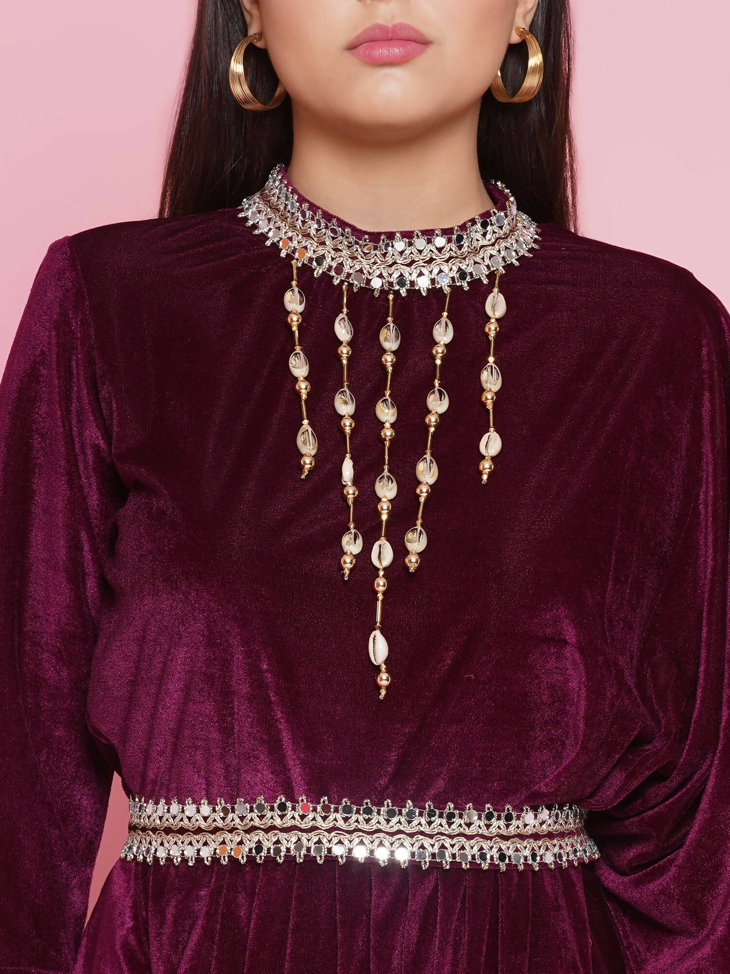 Women Republic Burgundy Velvet Kurta With Attached Neckalace,Belt And Pant - Distacart