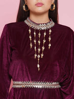 Thumbnail for Women Republic Burgundy Velvet Kurta With Attached Neckalace,Belt And Pant - Distacart