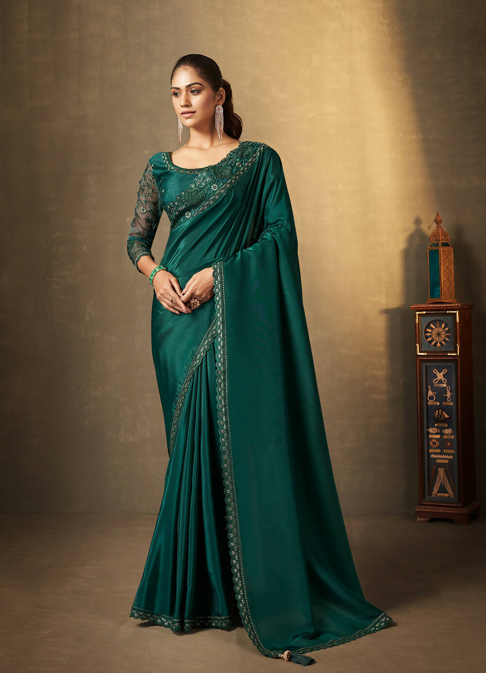 Green Natural Crepe Thread Embroidered with Stone Work Saree With Unstitched Blouse Piece - Norita Royal Erisha - Distacart