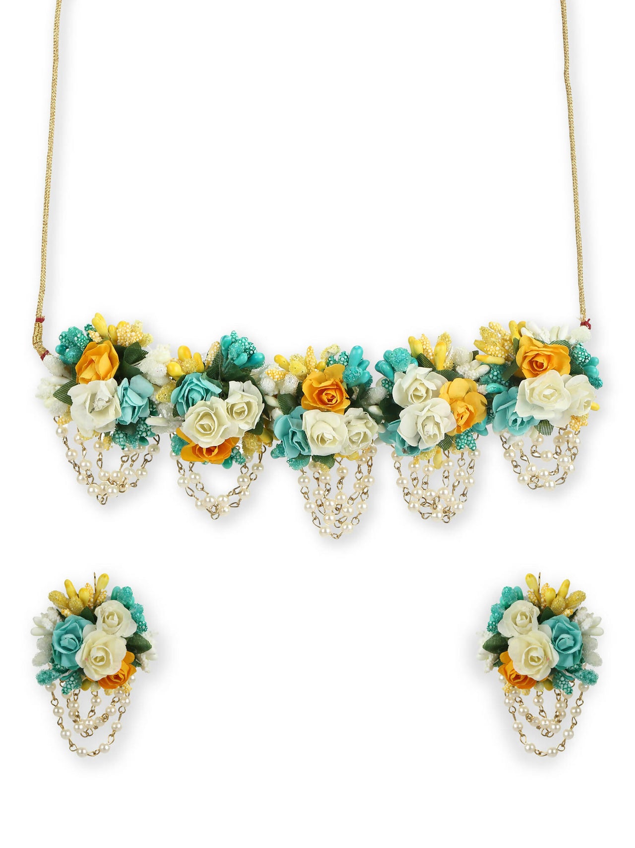 Flower Jewellery Gold-Plated Turquoise Blue Floral Jewellery Set - Ruby Raang - Distacart