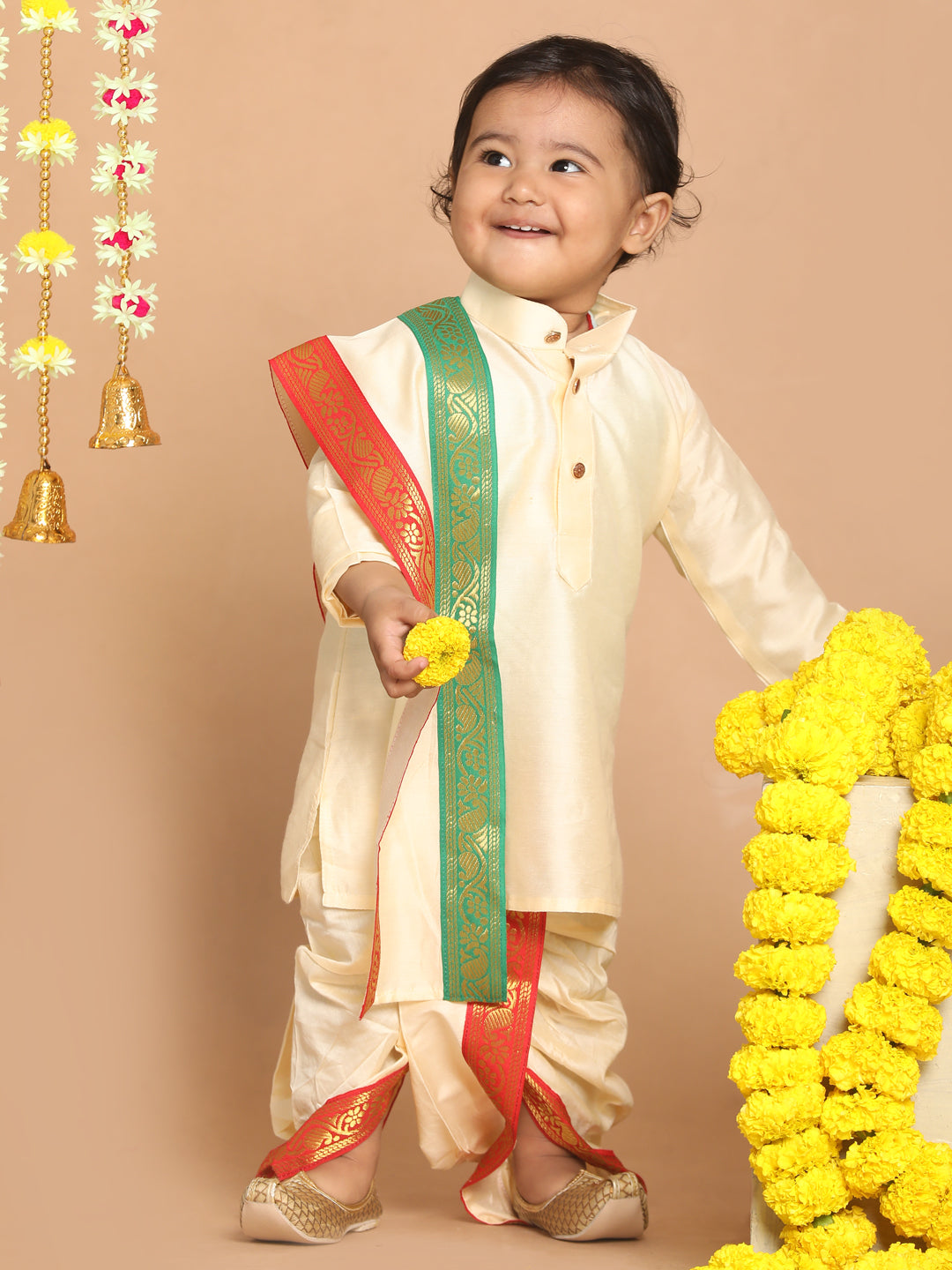 Vastramay Viscose Fabric Comfortable Kurta With Traditional Pattern Dhoti And Matching South Indian Style Dupatta for Boys - Distacart
