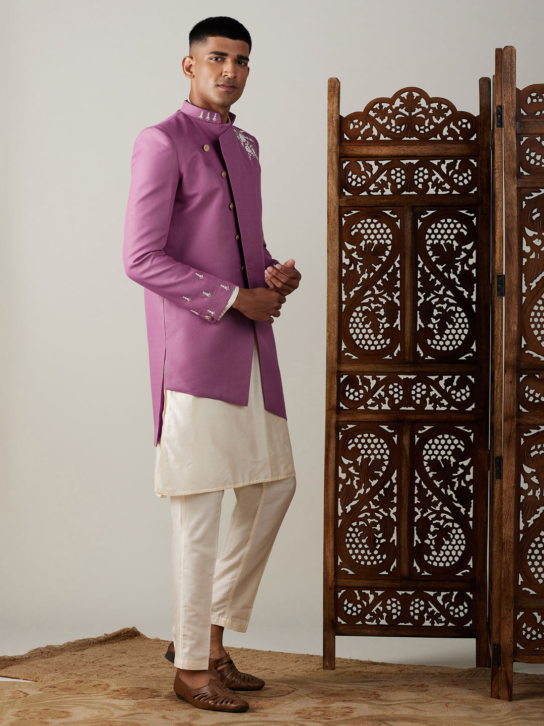 Shrestha by Vastramay Men's Purple And Cream Viscose Sherwani Set - Distacart