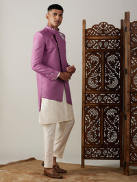 Thumbnail for Shrestha by Vastramay Men's Purple And Cream Viscose Sherwani Set - Distacart