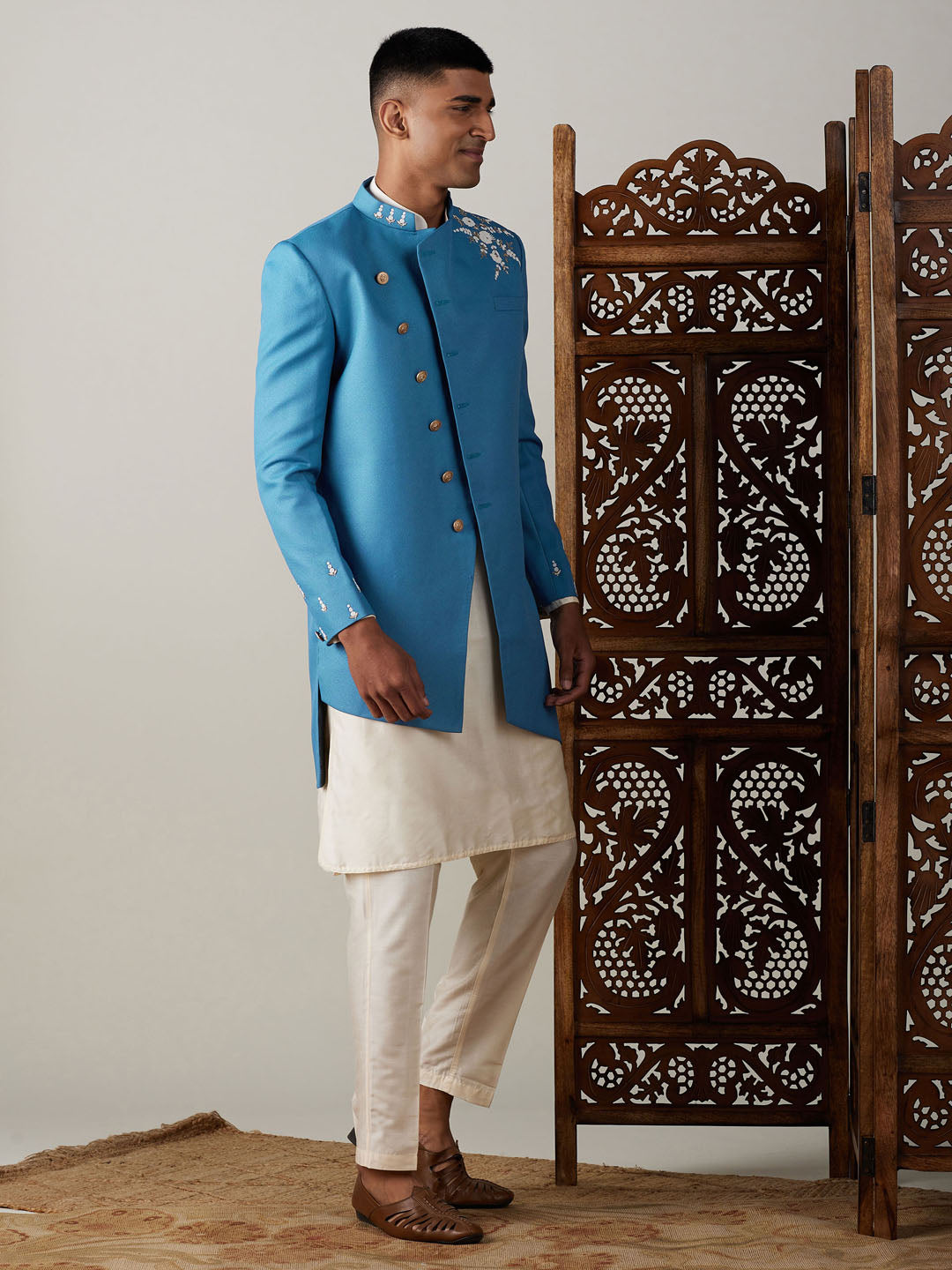 Shrestha by Vastramay Men's Turquoise And Cream Viscose Sherwani Set - Distacart