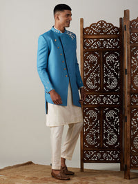 Thumbnail for Shrestha by Vastramay Men's Turquoise And Cream Viscose Sherwani Set - Distacart