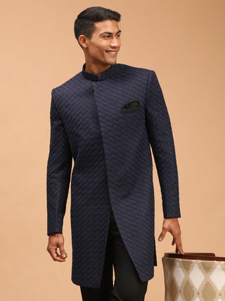 Shrestha By Vastramay Men's Navy Blue Silk Blend Sherwani Only Top - Distacart
