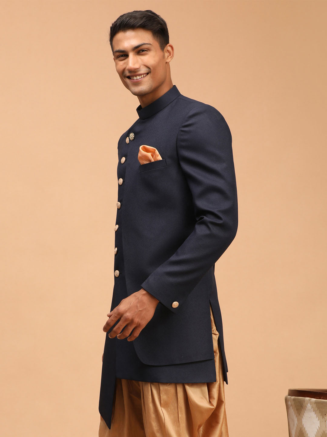 Shrestha by Vastramay Men's Navy Blue Cotton Blend Sherwani Only Top - Distacart