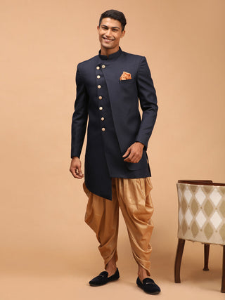 Shrestha by Vastramay Men's Navy Blue And Rose Gold Cotton Blend Sherwani Set - Distacart