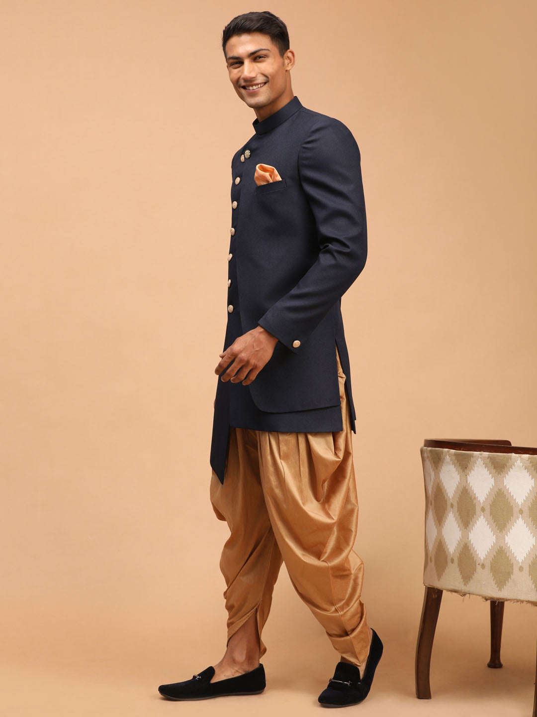 Shrestha by Vastramay Men's Navy Blue And Rose Gold Cotton Blend Sherwani Set - Distacart