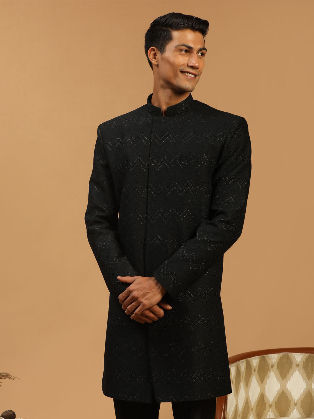 Shrestha By Vastramay Men's Black Silk Blend Sherwani Only Top - Distacart