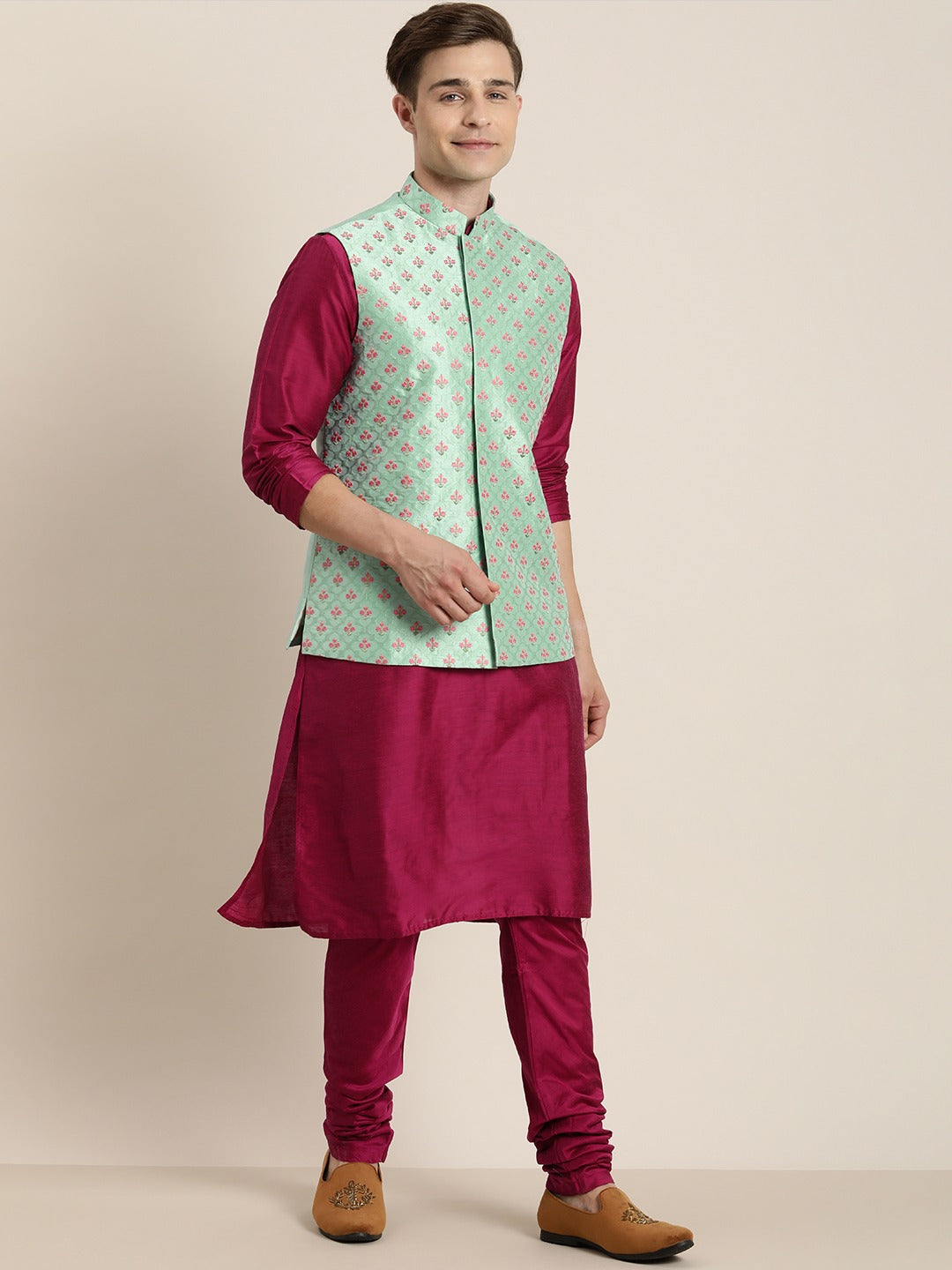 Shrestha By Vastramay Men's Mint Green And Pink Poly Viscose Jacket, Kurta And Pyjama Set - Distacart