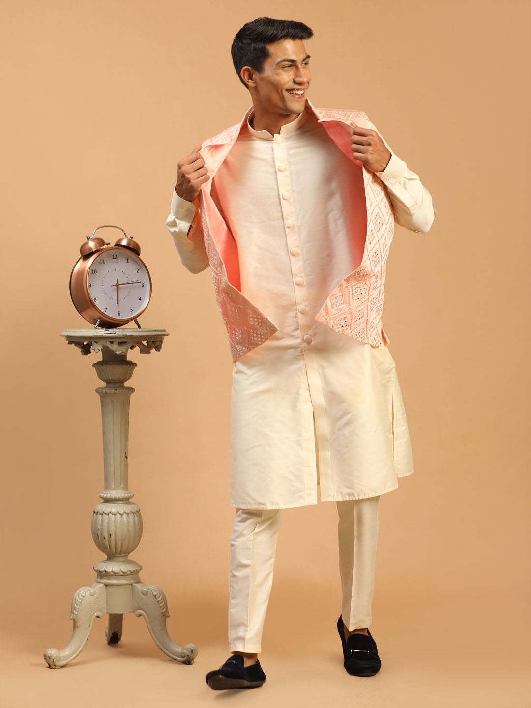 Shrestha By Vastramay Men's Onion Pink And Cream Viscose Jacket, Kurta And Pyjama Set - Distacart