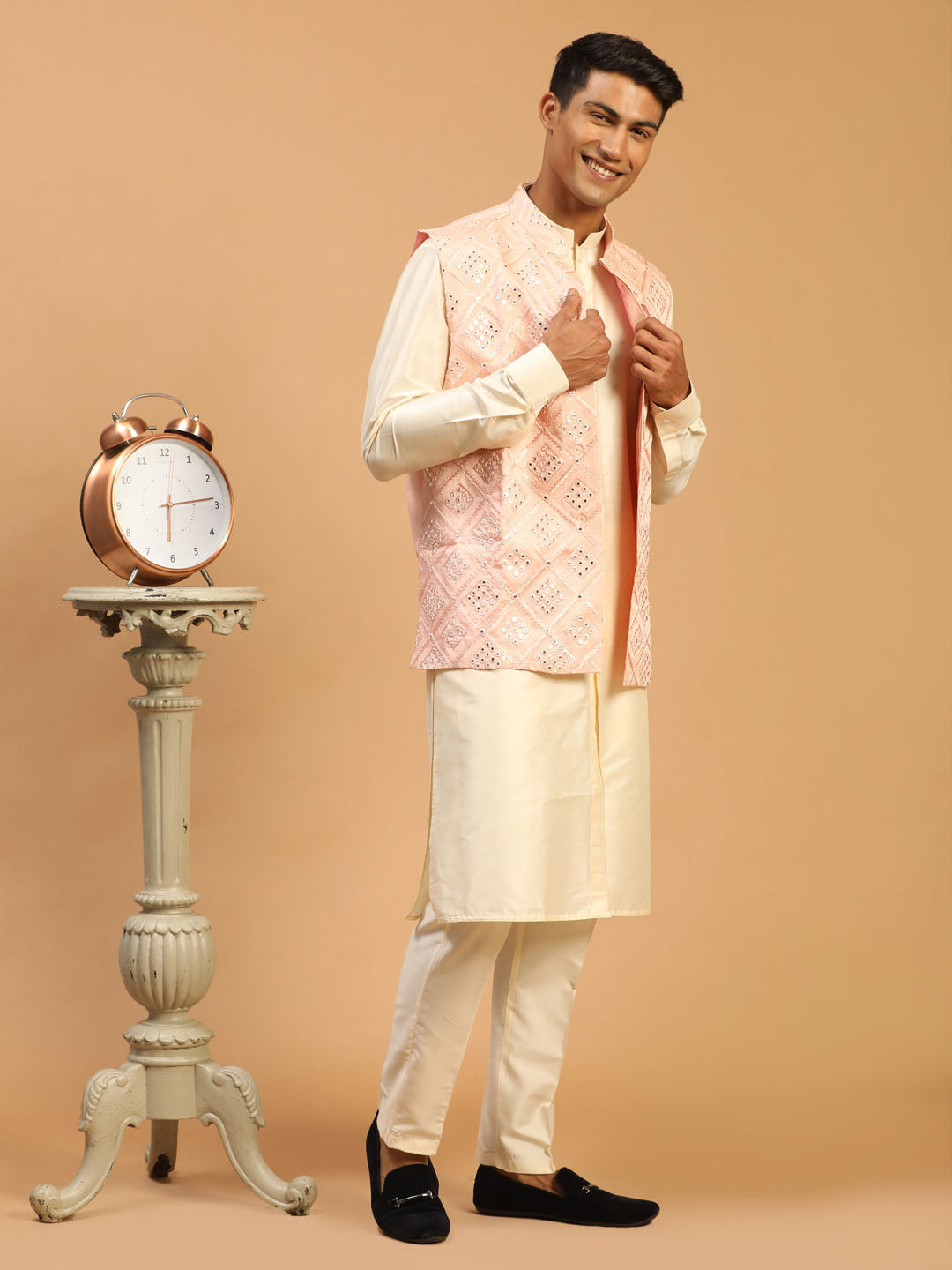 Shrestha By Vastramay Men's Onion Pink And Cream Viscose Jacket, Kurta And Pyjama Set - Distacart