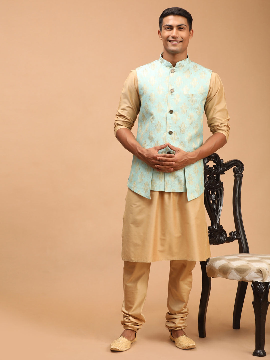 Shrestha By Vastramay Men's Green And Rose Gold Viscose Jacket, Kurta And Pyjama Set - Distacart