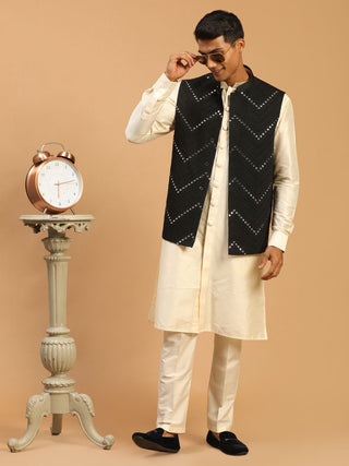 Shrestha By Vastramay Men's Black And Cream Viscose Jacket, Kurta And Pyjama Set - Distacart