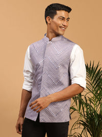 Thumbnail for Shrestha By Vastramay Men's Purple Mirror Work Nehru Jacket - Distacart