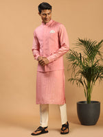 Thumbnail for Shrestha By Vastramay Men's Pink And Cream Cotton Blend Jacket, Kurta And Pyjama Set - Distacart