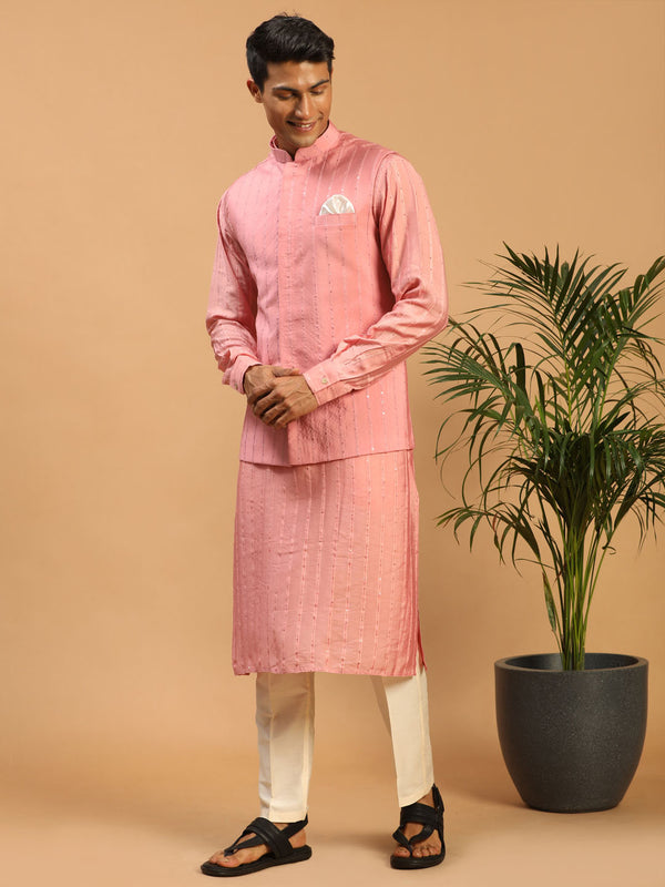 Shrestha By Vastramay Men's Pink And Cream Cotton Blend Jacket, Kurta And Pyjama Set - Distacart