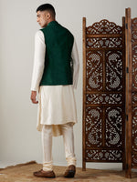 Thumbnail for Shrestha by Vastramay Men's Cream And Green Cotton Blend Jacket, Kurta & Pyjama - Distacart