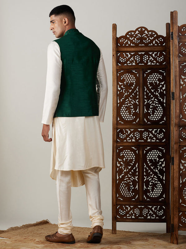 Shrestha by Vastramay Men's Cream And Green Cotton Blend Jacket, Kurta & Pyjama - Distacart