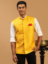 Thumbnail for Shrestha by Vastramay Men's Yellow Silk Blend Nehru Jacket - Distacart