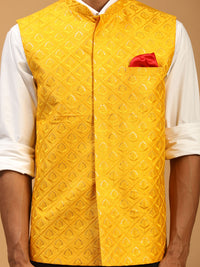 Thumbnail for Shrestha by Vastramay Men's Yellow Silk Blend Nehru Jacket - Distacart