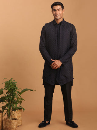 Shrestha by Vastramay Men's Navy Blue And Black Silk Blend Jacket, Kurta And Pyjama Set - Distacart