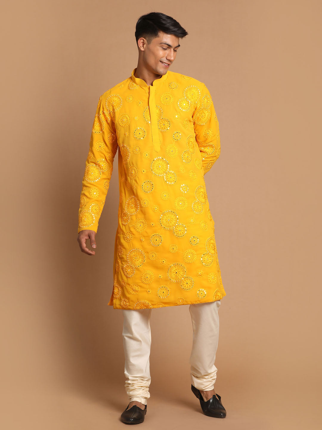 Shrestha by Vastramay Men's Yellow And Cream Georgette Kurta Pyjama Set - Distacart