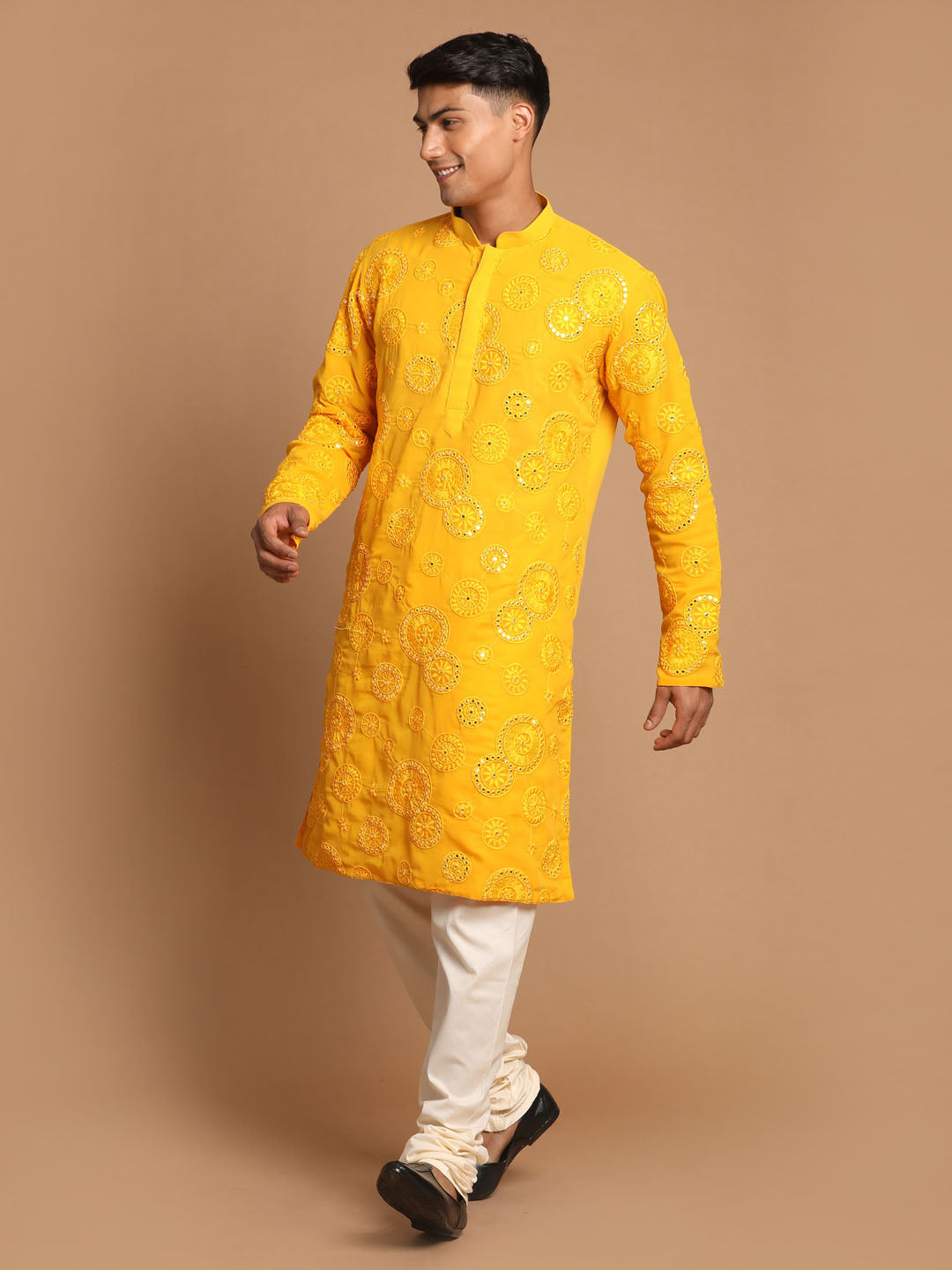 Shrestha by Vastramay Men's Yellow And Cream Georgette Kurta Pyjama Set - Distacart