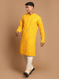 Thumbnail for Shrestha by Vastramay Men's Yellow And Cream Georgette Kurta Pyjama Set - Distacart