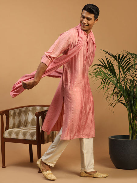 Shrestha by Vastramay Men's Purple And Cream Cotton Blend Kurta, Pyjama & Dupatta Set - Distacart