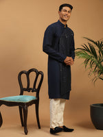 Thumbnail for Vastramay Men's Navy Blue & Cream Cotton Blend Kurta & Pyjama - Distacart