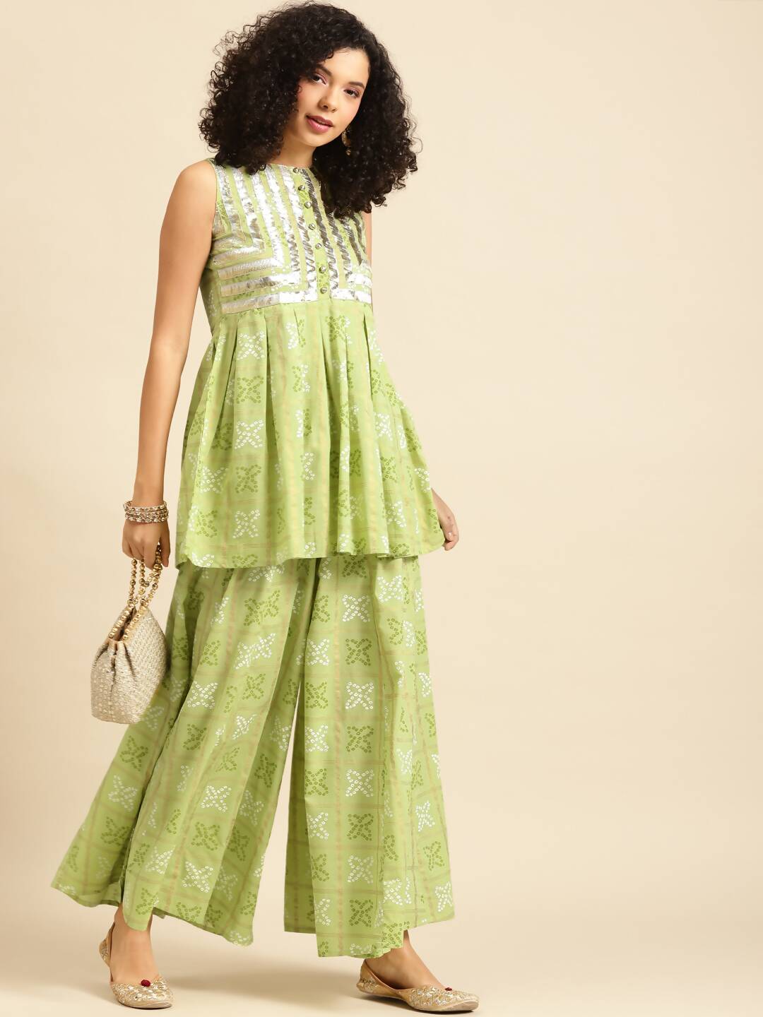 Anayna Women Green & White Bandhani Printed Kurta with Palazzos - Distacart