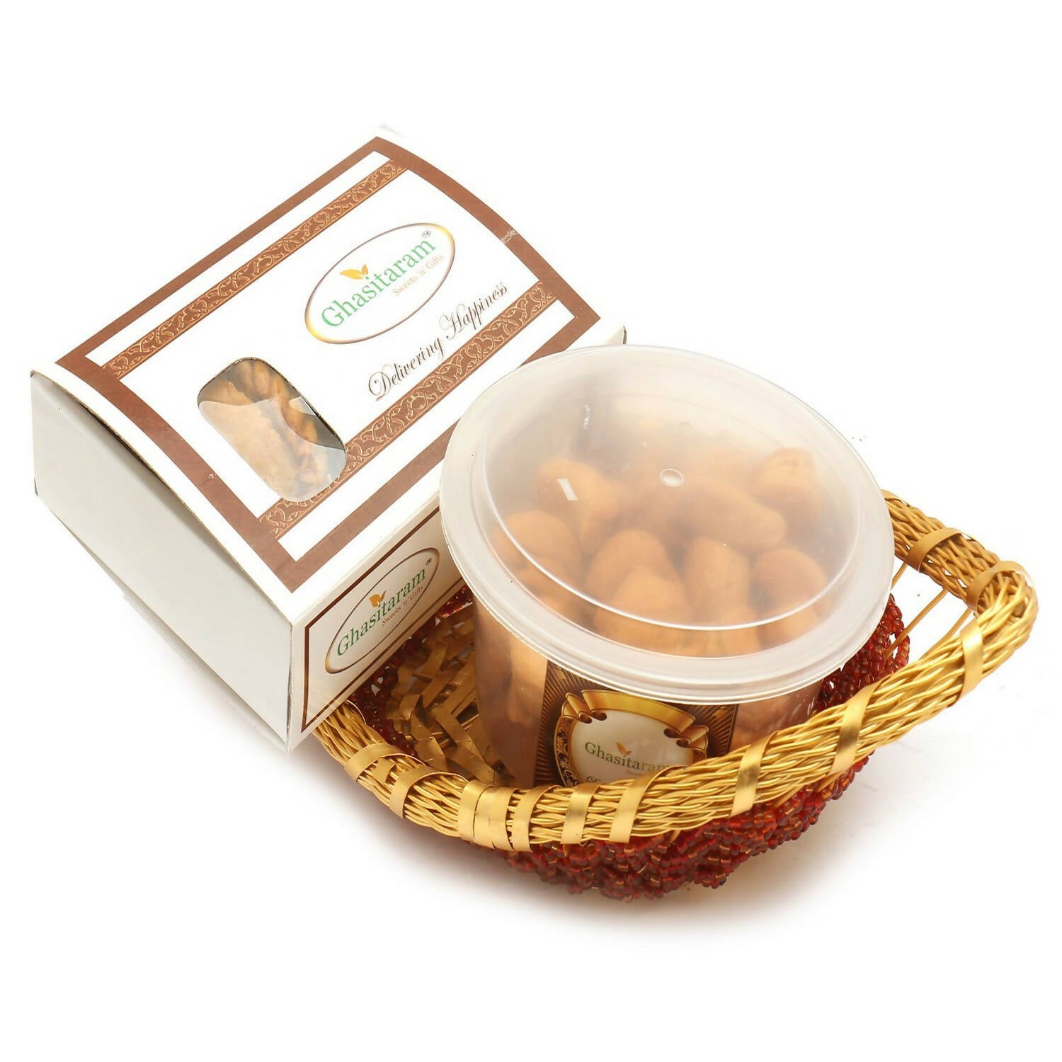 Ghasitaram Holi Hampers: Boat basket of Gujiya and Mini Gujiya Namkeen - Distacart