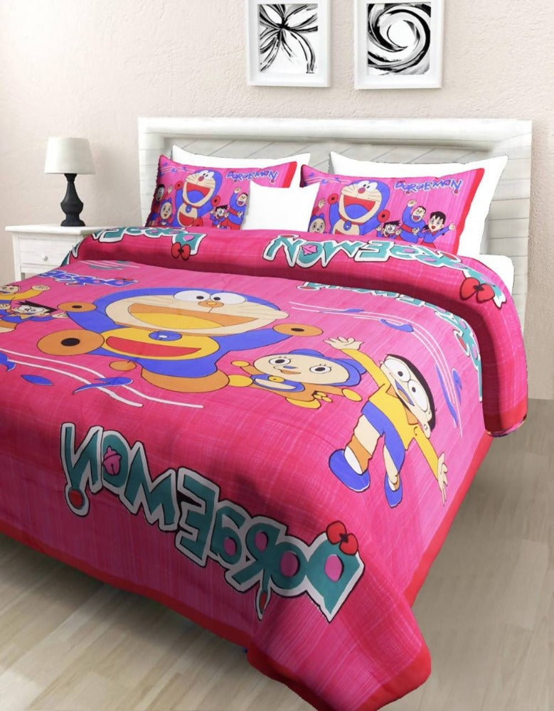 Vamika Printed Cotton Doremon Design Pink Bedsheet With Pillow Covers 