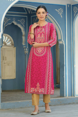 Juniper Women's Fuchsia Rayon Staple Placement Printed A-Line Kurta - Distacart