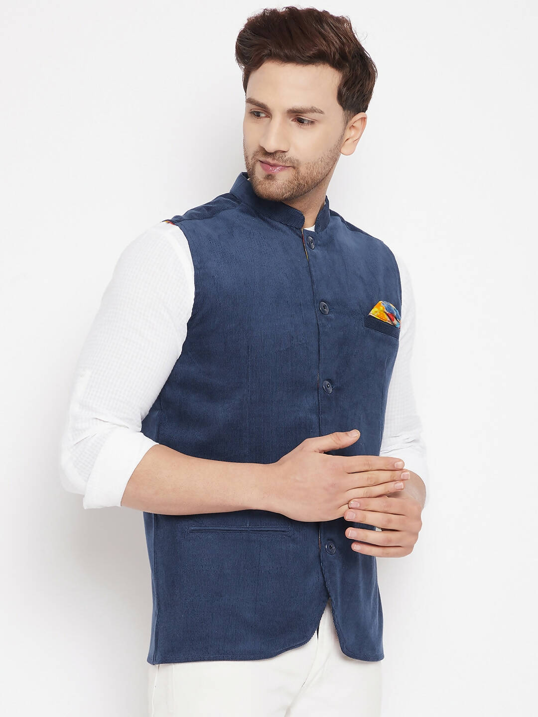 Even Apparels Blue Polyester Men's Nehru Jacket-Contrast Lining-Inbuilt Pocket Square - Distacart
