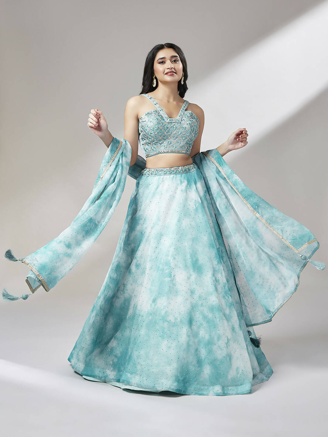 House of Panchhi Turquoise Blue Organza Floral Printed Lehenga choli & Dupatta - Distacart