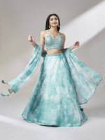 Thumbnail for House of Panchhi Turquoise Blue Organza Floral Printed Lehenga choli & Dupatta - Distacart