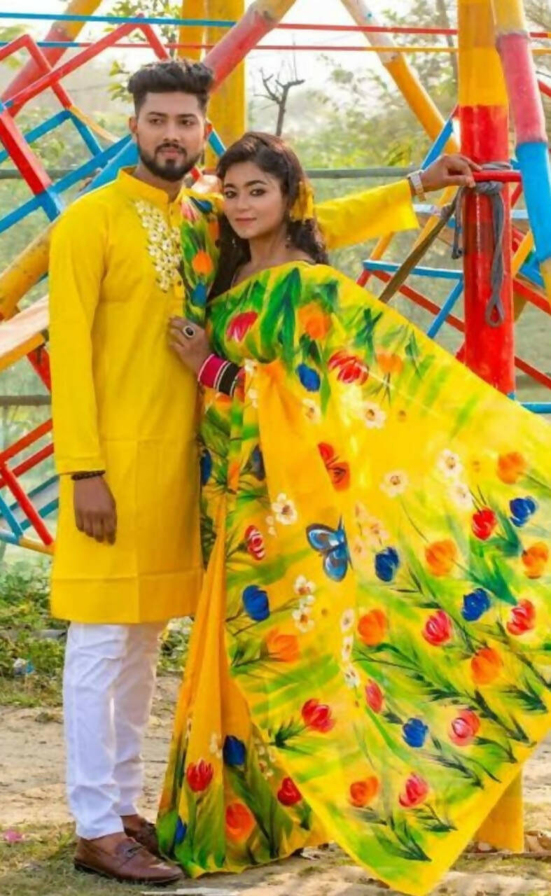 Exclusive Collection Elegant Hand Printing Designe On Pure Cotton Saree And Men's Kurta - Yellow - Distacart