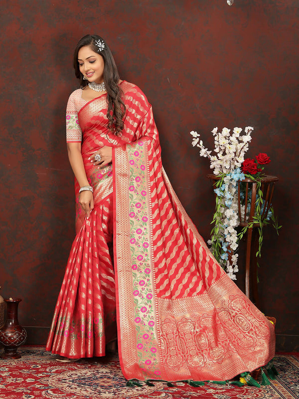 Lorenvalley Fashion Red Soft Silk Woven Design with Zari Weaving Leheriya Design Saree - Distacart