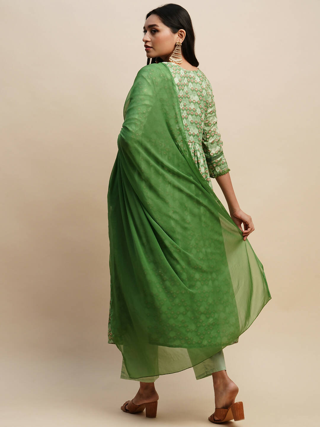 Green Pure Cotton Floral Printed Naira Cut Kurta And Bottom With Dupatta - Akashara - Distacart