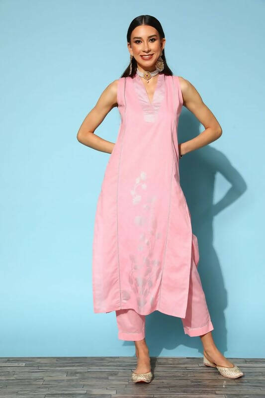Ahalyaa Women Pink Colour Cotton Silver Foil Printed Kurta Pant Set - Distacart