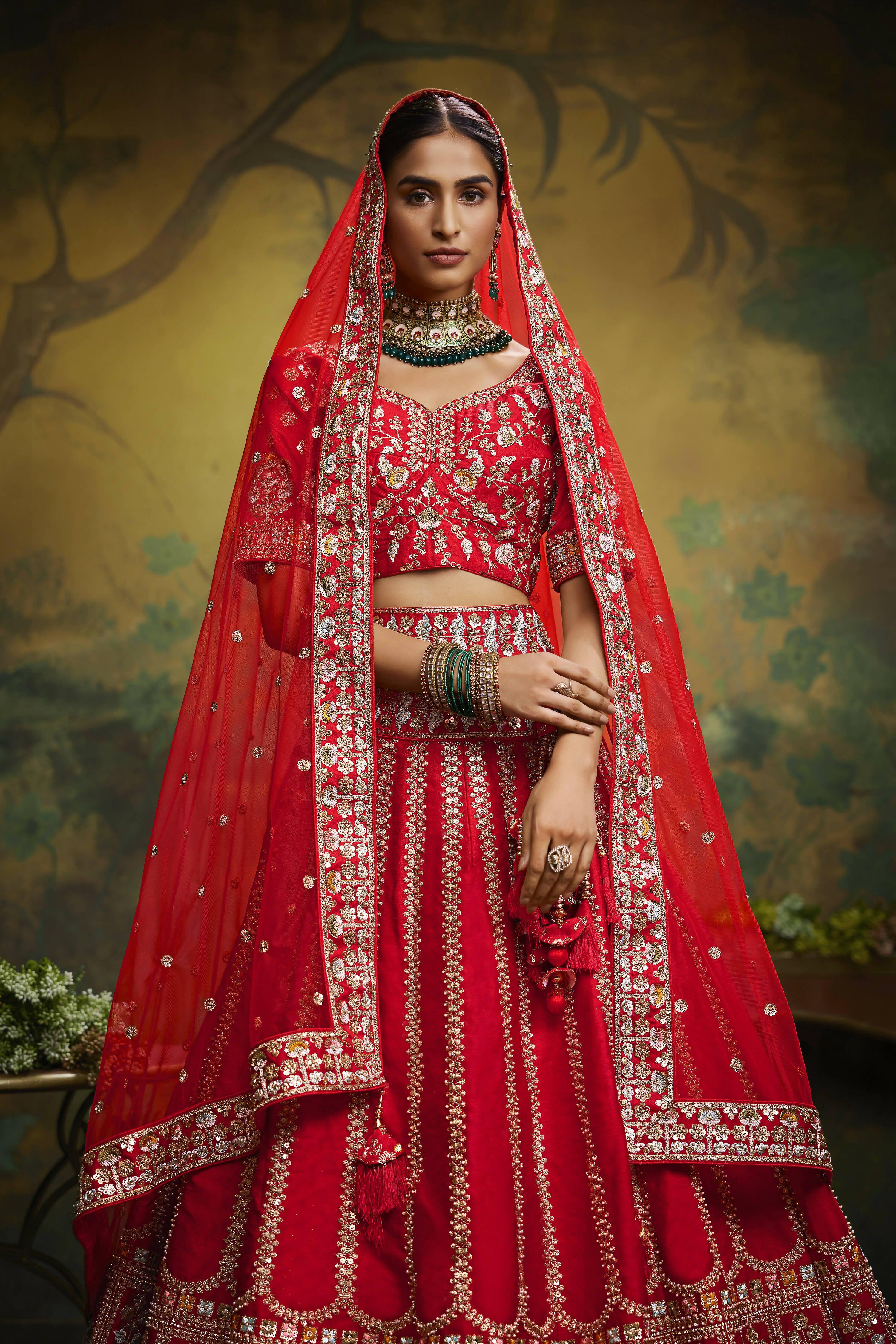 House of Panchhi Red Pure Silk Moti & Zarkan heavy embroidery Lehenga choli & Dupatta - Distacart