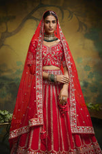 Thumbnail for House of Panchhi Red Pure Silk Moti & Zarkan heavy embroidery Lehenga choli & Dupatta - Distacart