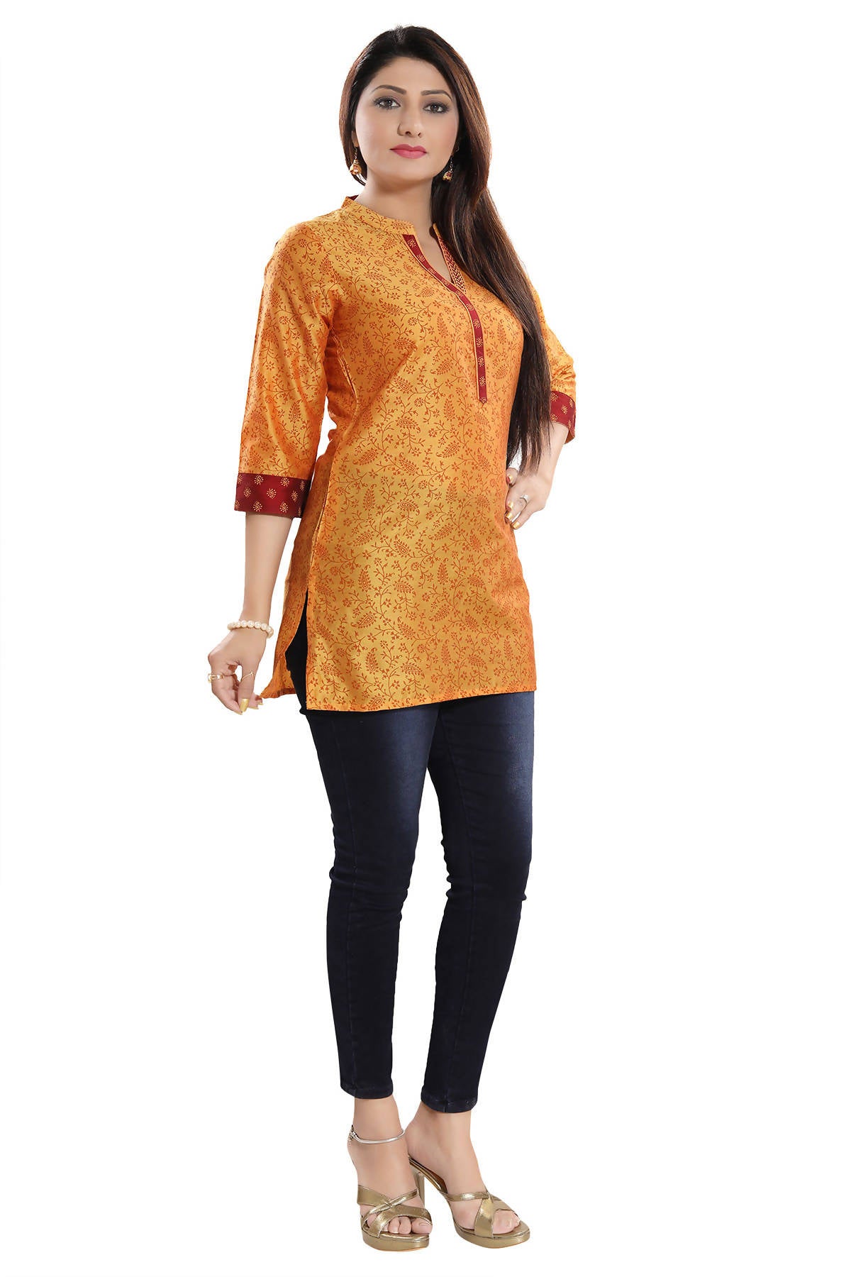 Snehal Creations Luxurious Fine Fire Gold Cotton Silk Short Tunic - Distacart