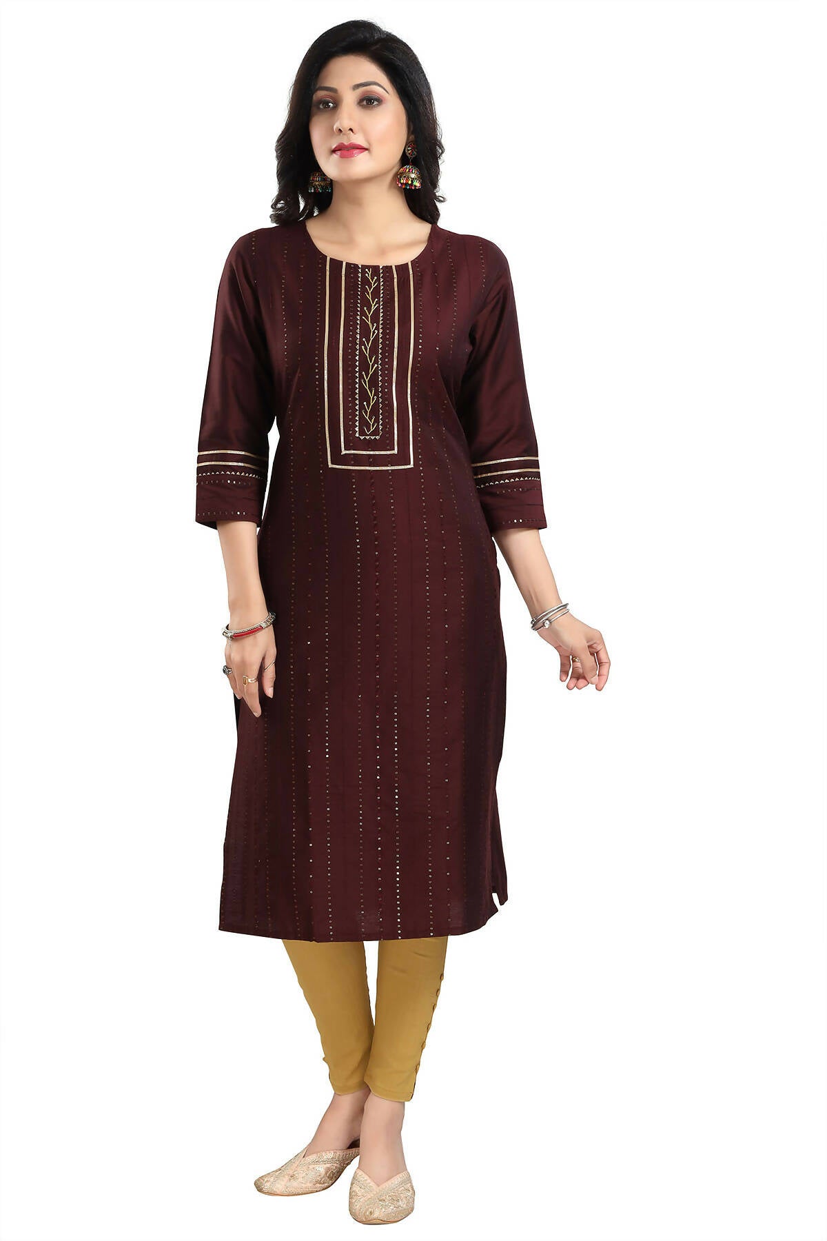 Snehal Creations Beautiful Brown Cotton Silk Designer Long Kurti Tunic With Sequines Embroidery - Distacart