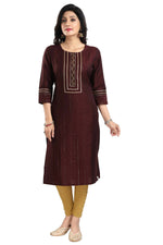 Thumbnail for Snehal Creations Beautiful Brown Cotton Silk Designer Long Kurti Tunic With Sequines Embroidery - Distacart